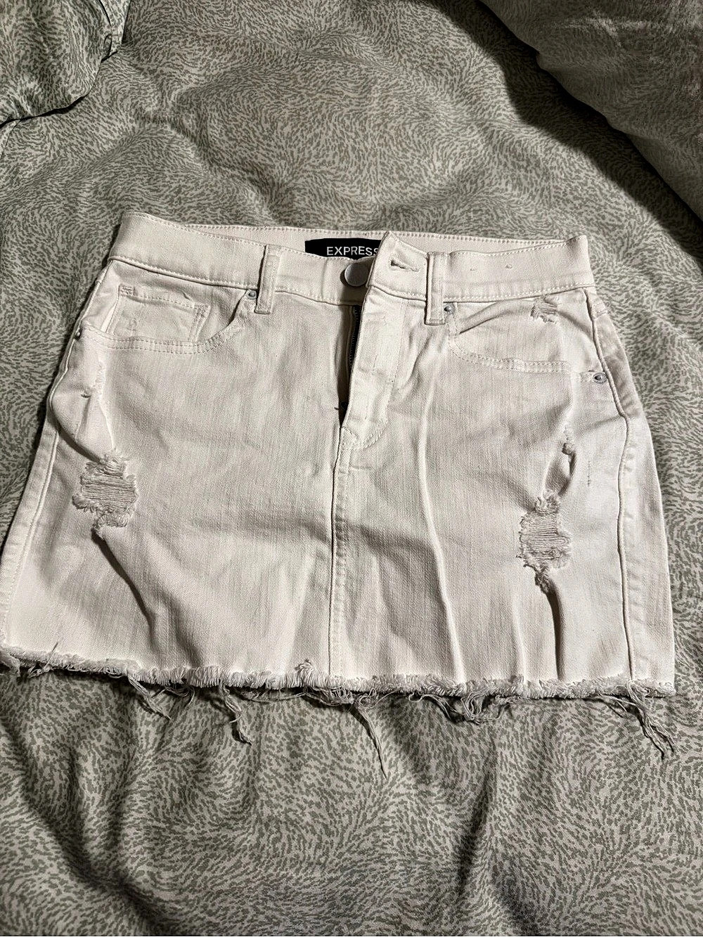 Express Distressed Denim Mini Skirt in White